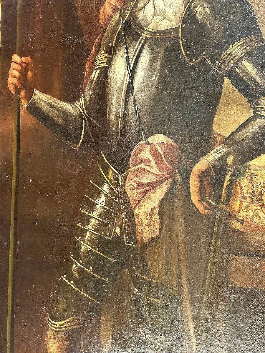 Portrait d'un noble sicilien en armure avec scène de la bataille de Vienne en arrière-plan.-photo-1