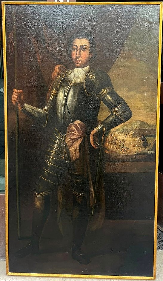 Portrait d'un noble sicilien en armure avec scène de la bataille de Vienne en arrière-plan.