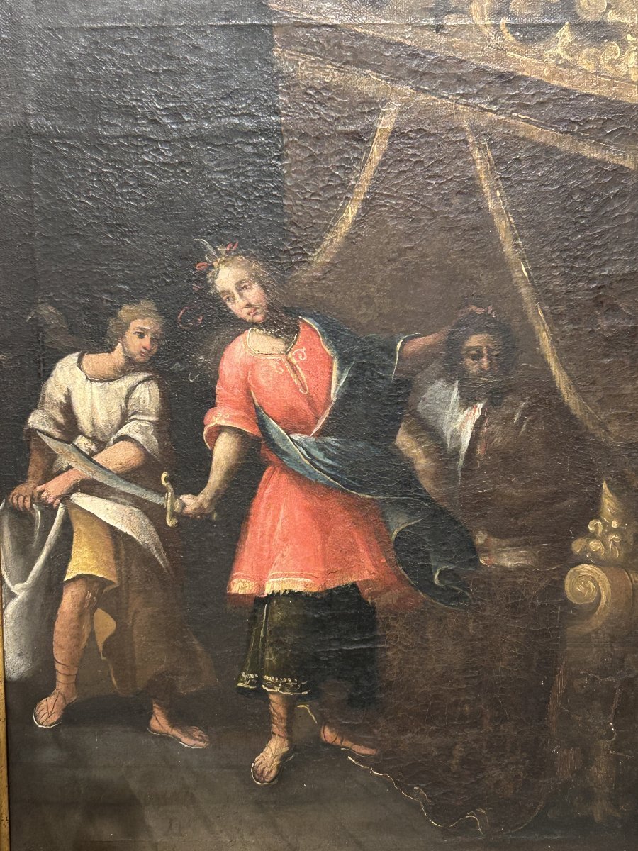 Huile sur toile avec cadre d'époque, représentant Judith et Holopherne.-photo-3