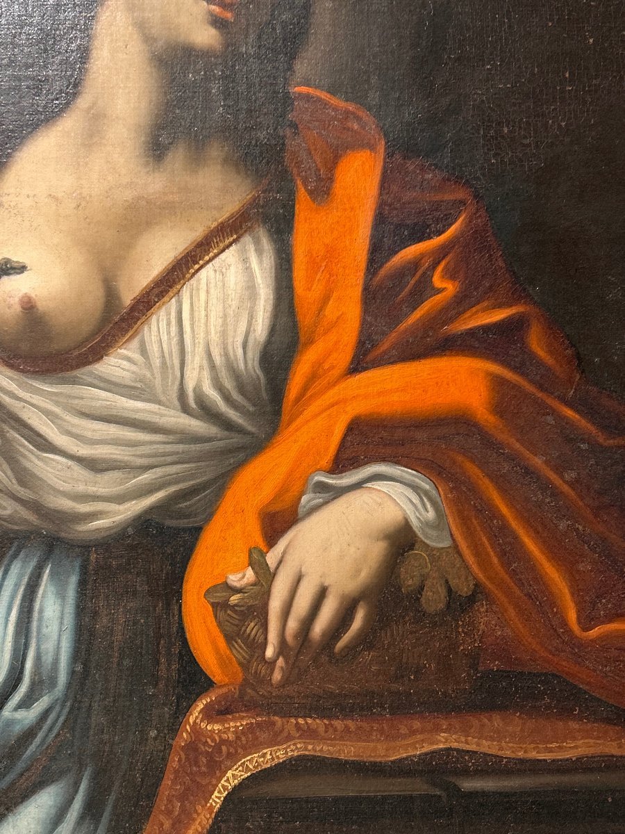 Mort de Cléopâtre, seconde moitié du XVIIe siècle.  113 X 152cm H avec cadre ancienné.-photo-3