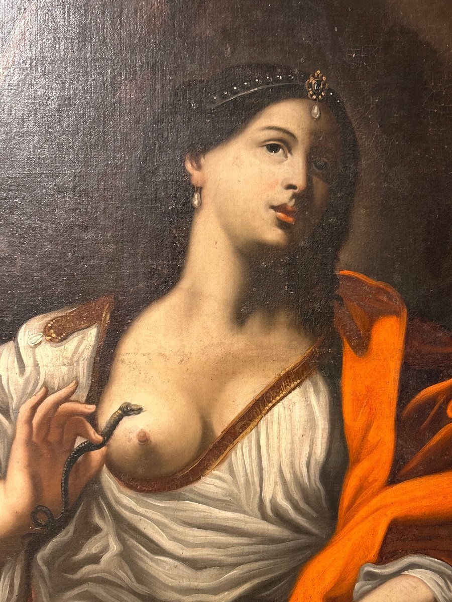 Mort de Cléopâtre, seconde moitié du XVIIe siècle.  113 X 152cm H avec cadre ancienné.-photo-4