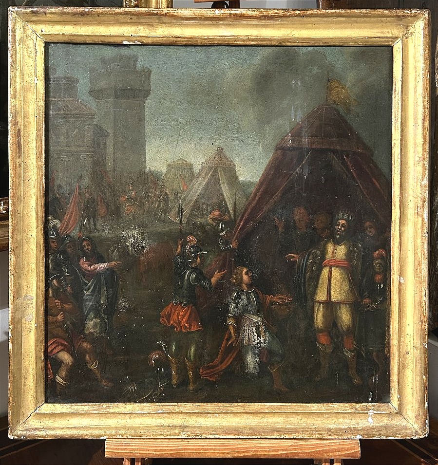 Mucius Scaevola, huile sur ardoise  du XVIIe siècle, entourage de Frans Francken II