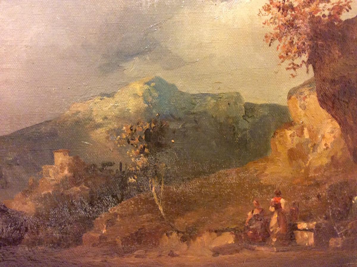 Marine With Classical Ruins And Mountain Landscape, Oils On Canvas Signed Giuseppe Ferrari-photo-2