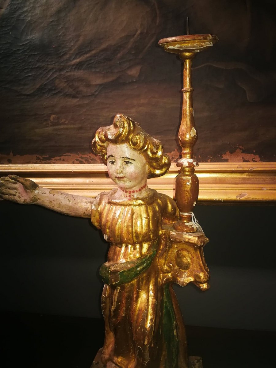 Bougeoir Anges Du XVe Siècle En Bois Doré Et Polychrome. Région Ombrienne. H.63cm-photo-4