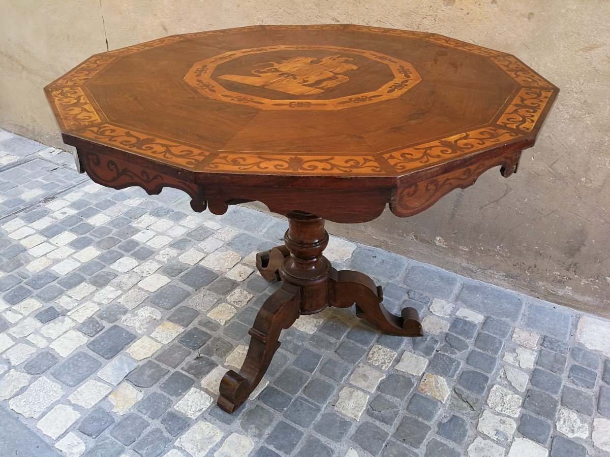 Dodecagonal Table Inlaid With Maple And Walnut With Saint George And The Dragon, Rome, Debut XIX-photo-3