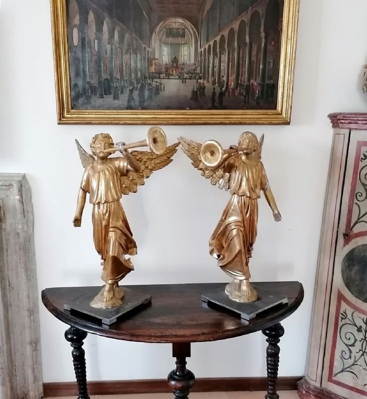 Magnifique Paire d'Anges Musiciens Tard-baroques En Bois Doré Italia, 70 Cm -photo-2