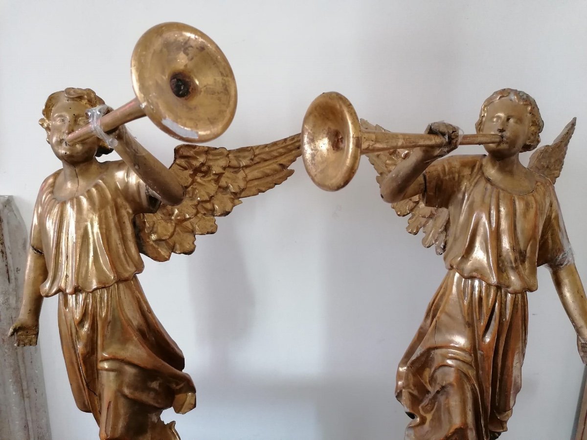 Magnifique Paire d'Anges Musiciens Tard-baroques En Bois Doré Italia, 70 Cm -photo-1