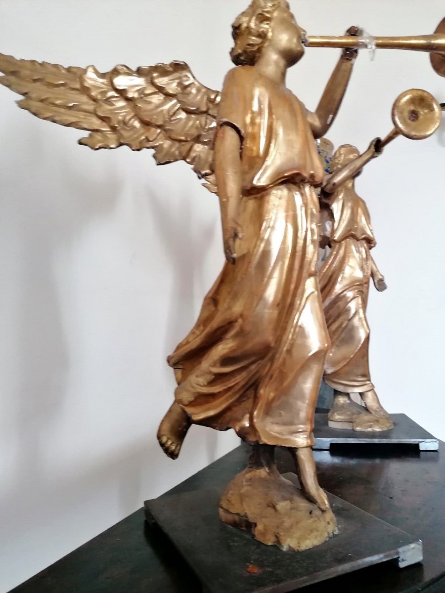 Magnifique Paire d'Anges Musiciens Tard-baroques En Bois Doré Italia, 70 Cm -photo-4