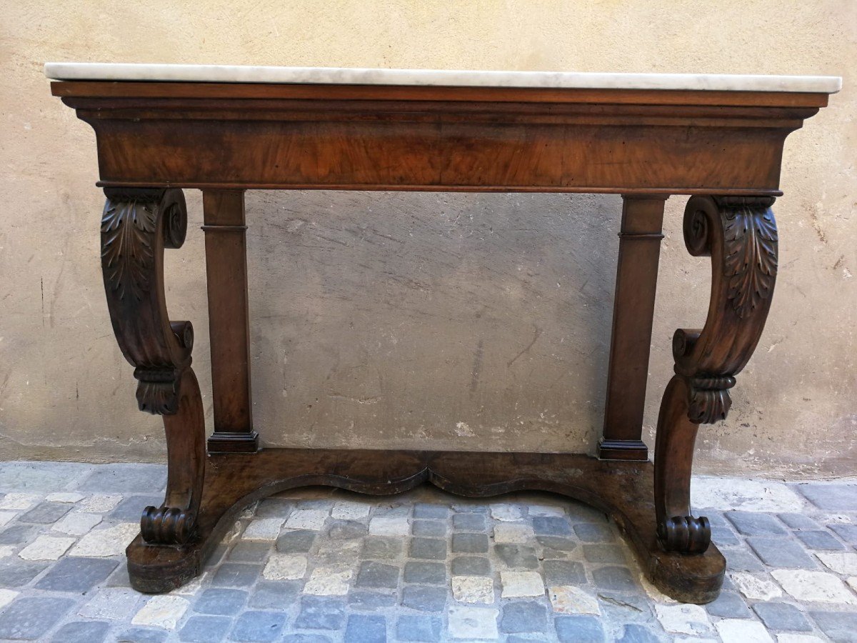 Console d'époque Empire à Pieds Sculptés Et Plateau En Marbre Blanc De Carrare-photo-3