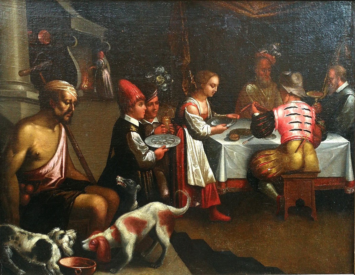 "dinner With The Rich Epulone" Oil On Canvas Atelier Du Bassano, Last Quarter Of The XVI Century