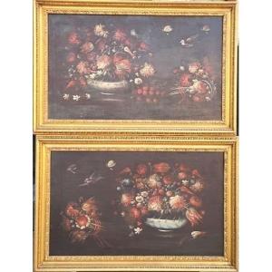  Pair Of 17th Century Still Lifes With Flowers And Birds.