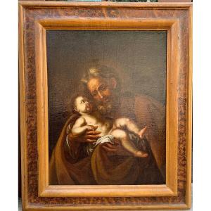 Saint Joseph Avec l'Enfant Sur  Cadre d'Origine En Marbre Laque.