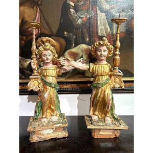 Rare Candle-holder Angels Of Umbrian Culture From The Early 16th Century.