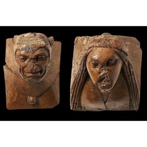 Pair Of Architectural Elements Of Fantastic Figures, Early 16th C. Nordic Art.