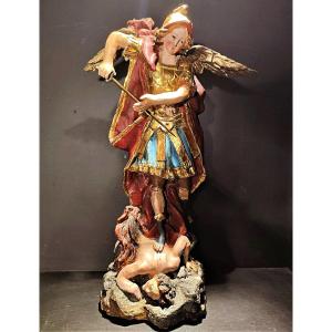 Sculpture En Bois Polychrome De Saint Michel Archange De La Fin Du XVIIe S. 