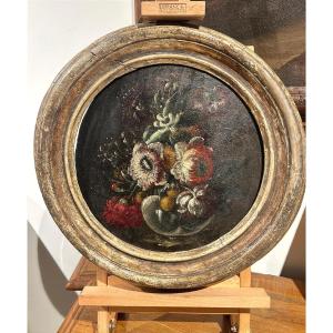 Oil On Panel Depicting A Vase Of Flowers, Rome, 17th Century.