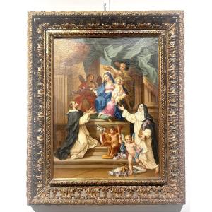 Sebastiano Conca - "Madonna del Rosario" sur un rare cadre sculpté et incrusté de verre.