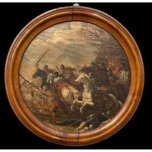 Battle Scene, Oil On Panel On A Boxwood Frame. Northern Italy, 17th Century.