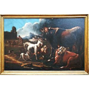  Scène rurale Attr. à Peter Roos avec cadre originaux (145 X 96 Cm) 