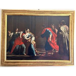 Esther And Assuero - Oil On Canvas 2nd Half Of The 17th C With Sandblasted Gilded Antique Frame