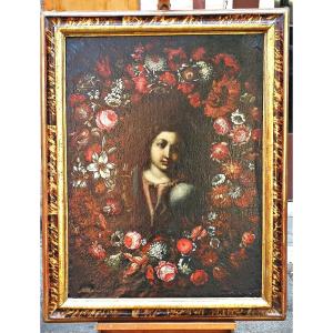  Salvador Mundi Dans Une Guirlande De Fleurs peint par deux peintres, Italie centrale du XVII s