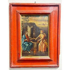 Samaritaine At The Well, Oil On Panel First Half Of The 17th Century On Original Frame