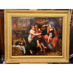 Lot And His Daughters. A Captivating Oil On Panel From The Flemish School, Dating From The Late 16th To Early 17th Century.