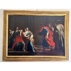 Esther Et Assuero -huile Sur Toile De La  2e Moitié Du XVIIe Siècle. Cadre Romain Sablé Et Dorè