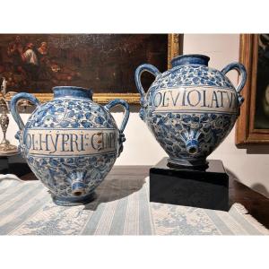A Pair Of Rare Blue-and-white Double-handled Jars, Deruta, First Half Of The 17th Century.