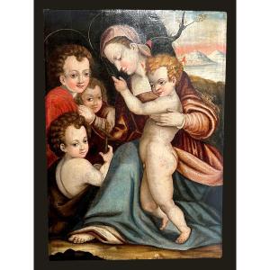 Sainte Famille, huile sur panneau du XVIe siècle, Italie centrale. (90cm x 63cm)