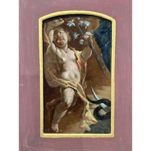 Huile Sur Verre Repr. Un Fragment De Putto De l'Immaculée Conception, Naples, Début Du XVIIIs.