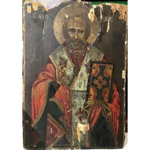 Large Orthodox Icon On Wood Depicting Saint Nicholas