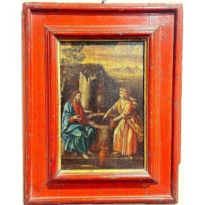 "the Good Samaritan At The Well," Oil On Panel, First Half Of The 17th Century, In A Contemporary Red-lacquered Frame.