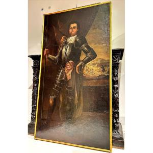 Portrait d'un noble sicilien en armure avec scène de la bataille de Vienne en arrière-plan.