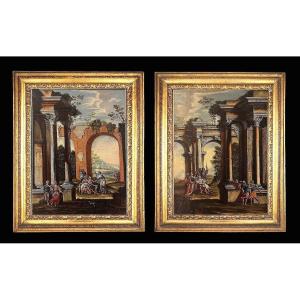 A Pair Of Architectural Caprices Featuring Biblical Scenes With Coeval Roman Frames.