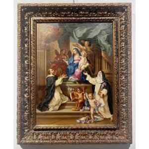 Sebastiano Conca - "our Lady Of The Rosary" On A Rare Baroque Carved Frame With Glass Inlays.
