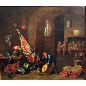 Scène De Taverne Avec Soldats Au Repos Et Enfant Jouant. Ecòle Flamande Moitiè Du XVII Siècle