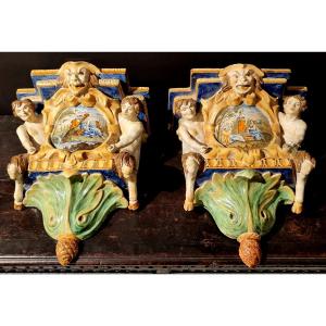 Magnificent Pair Of Ceramic Shelves, Battaglia Manufacture - Naples, Mid-19th Century