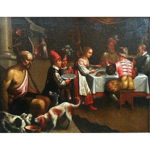"dinner With The Rich Epulone" Oil On Canvas Atelier Du Bassano, Last Quarter Of The XVI Century
