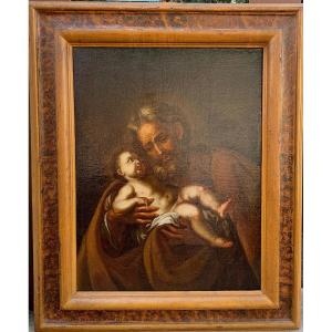 Saint Joseph With The Child, Oil On Canvas With Superb Original Frame. Late XVII Century