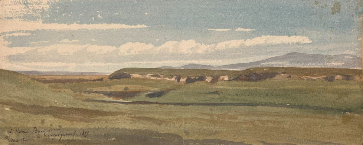 Henri Harpignies – Countryside In Latium – Watercolor – Dedicated, Signed, Dated, Rome 1851