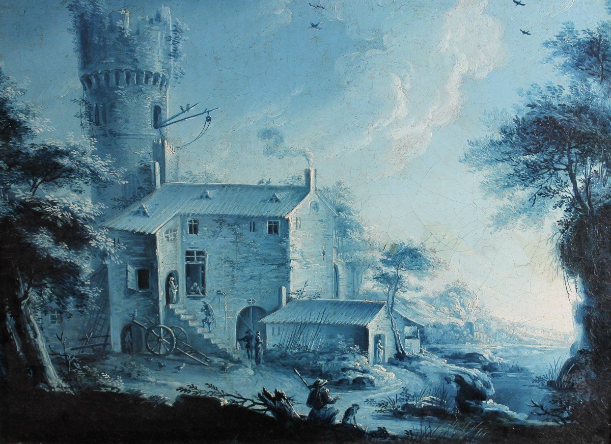 Paysage En Camaieu Bleu - J. Vanderburch Peintre De Montpellier