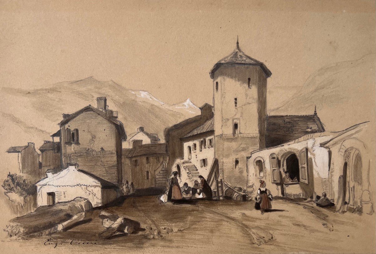 Eugène Cicéri (1813 - 1890) View Of A Pyrenean Landscape Drawing Signed