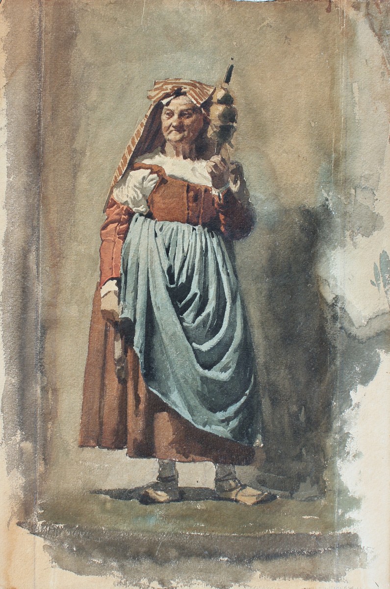 Aquarelle - Fileuse - XIXe Siècle - Italie - Rome - Dessin- Randanini-photo-3