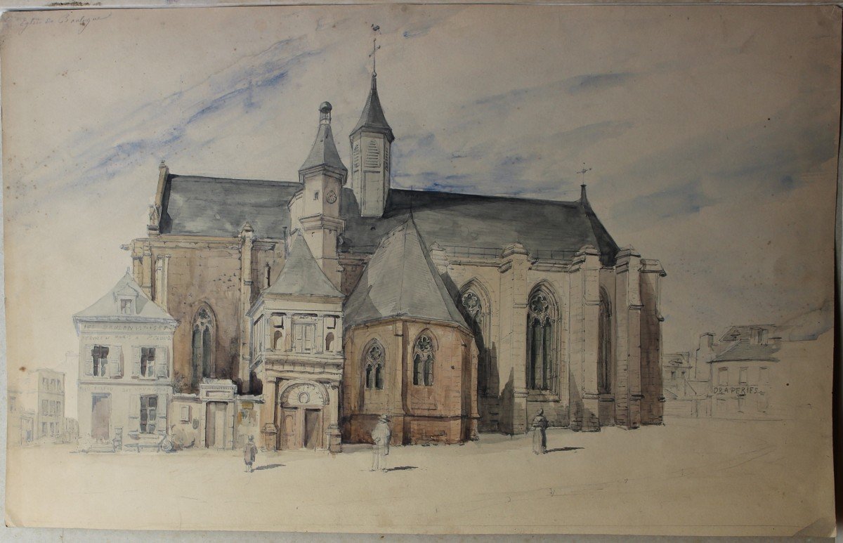 Drawing And Watercolor - The Church Of Boulogne (fr) - 19th Century