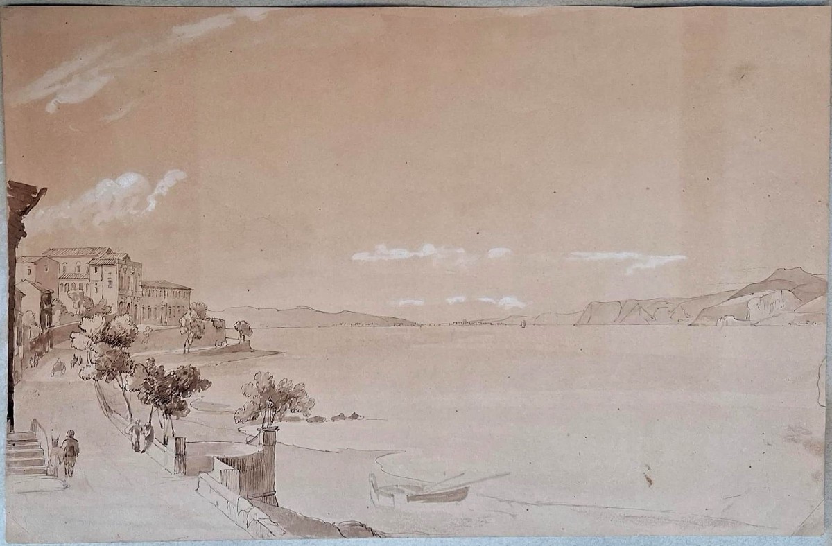 View Of Reggio Calabria From Punta Faro In Sicily -  Mid 19th Century - Drawing Watercolor-photo-2