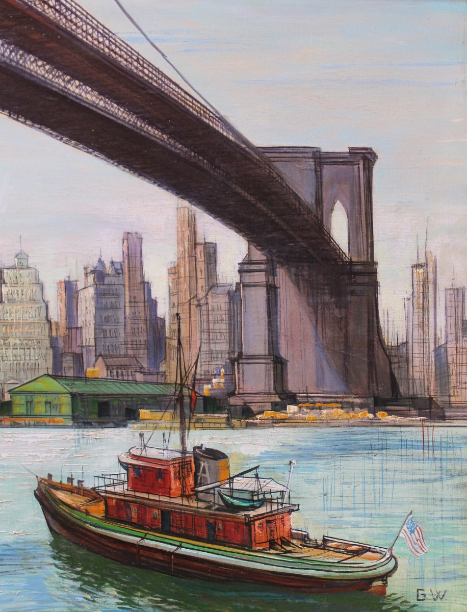Vue Skyline Manhattan New York Pont de Brooklyn - Huile sur Toile - Signé-photo-3