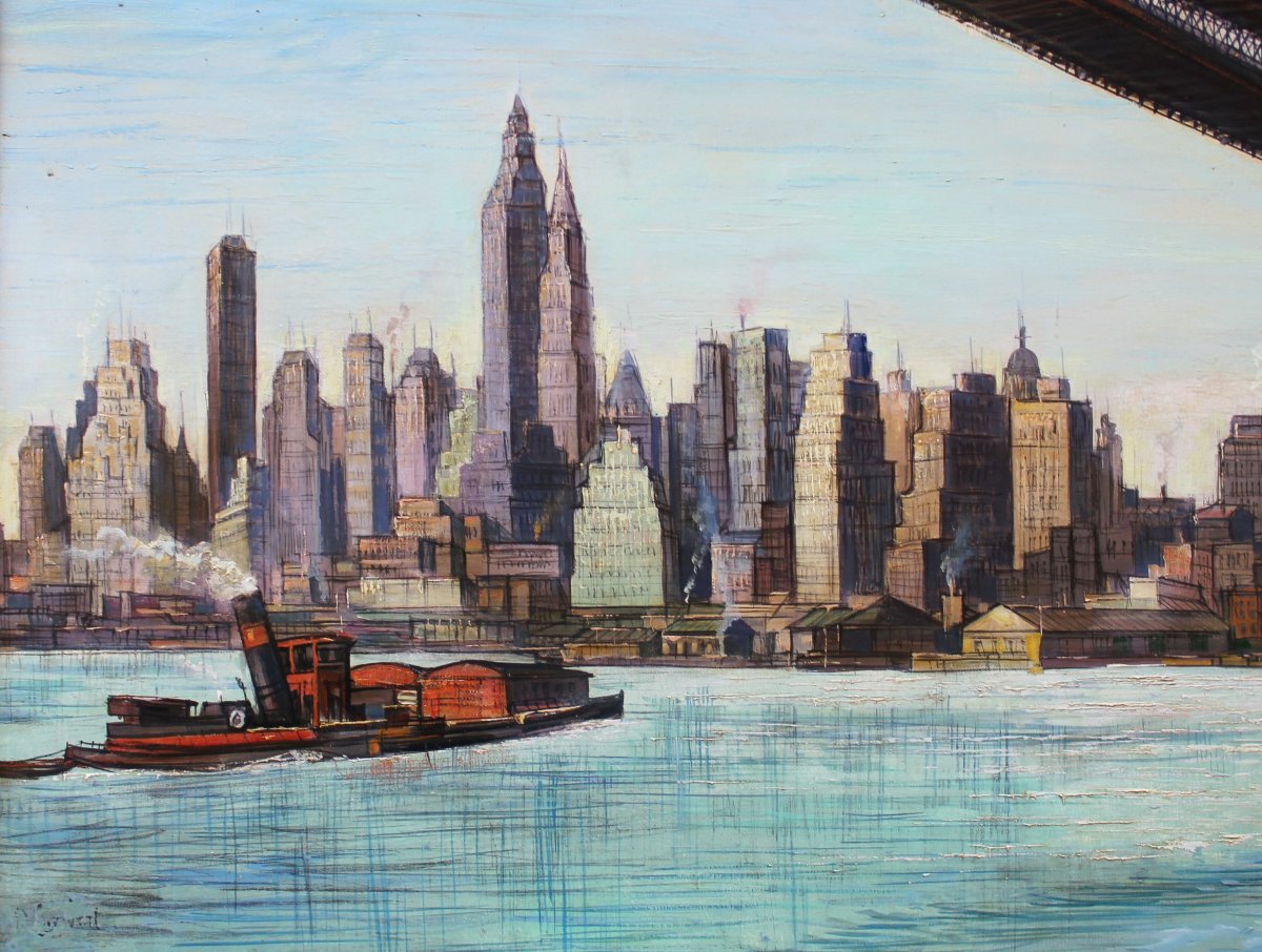 Vue Skyline Manhattan New York Pont de Brooklyn - Huile sur Toile - Signé-photo-1