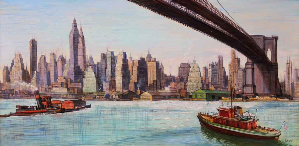 Vue Skyline Manhattan New York Pont de Brooklyn - Huile sur Toile - Signé