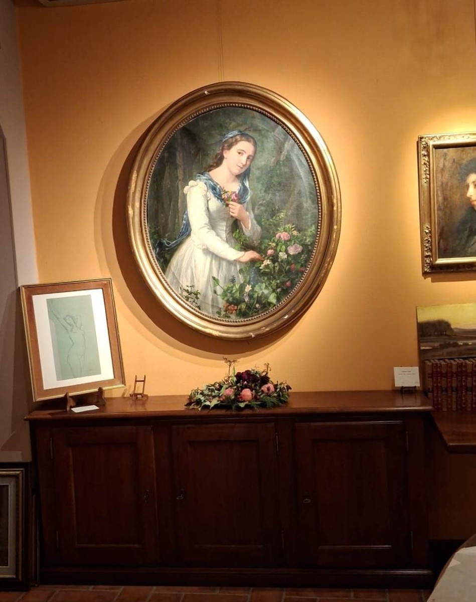 Maria Spanò - Woman With Flowers - Oil On First Canvas - Naples - Signed - 19th Centurty 1887-photo-2